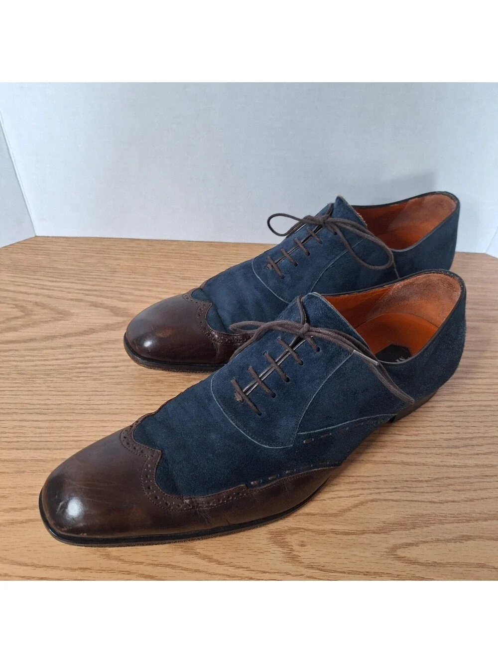 MEZLAN Men's 10.5 M Blue Suede Brown Leather Wingtip Oxford Dress Shoes Spain